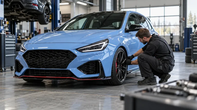 Hyundai i30 N legal tunen: Servicetechniker prüft das Fahrzeug in der Kfz-Werkstatt. KI-generiertes Symbolbild · redaktionell geprüft.