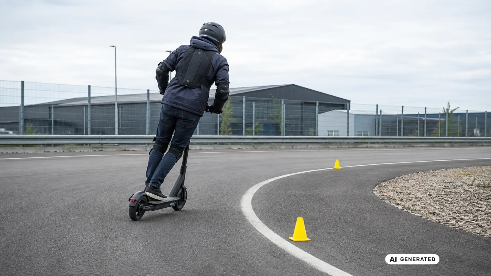 E-Scooter-Fahrer testet ein ungebrandetes Fahrzeug auf einer abgesperrten privaten Strecke — KI-generierte Szene, redaktionell geprüft