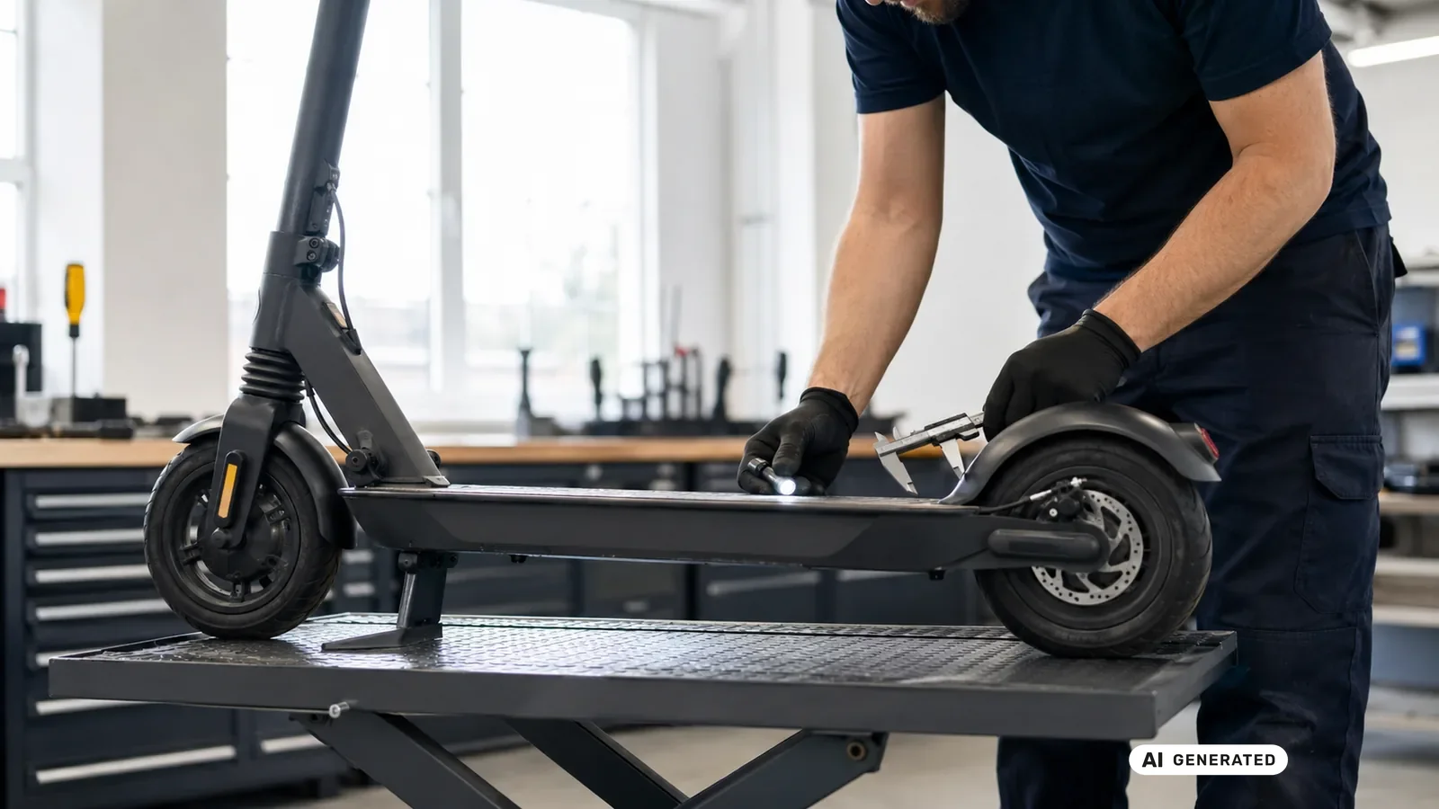 Techniker prüft Deck und Fahrwerk eines ungebrandeten E-Scooters in einer hellen Werkstatt — KI-generierte Szene, redaktionell geprüft