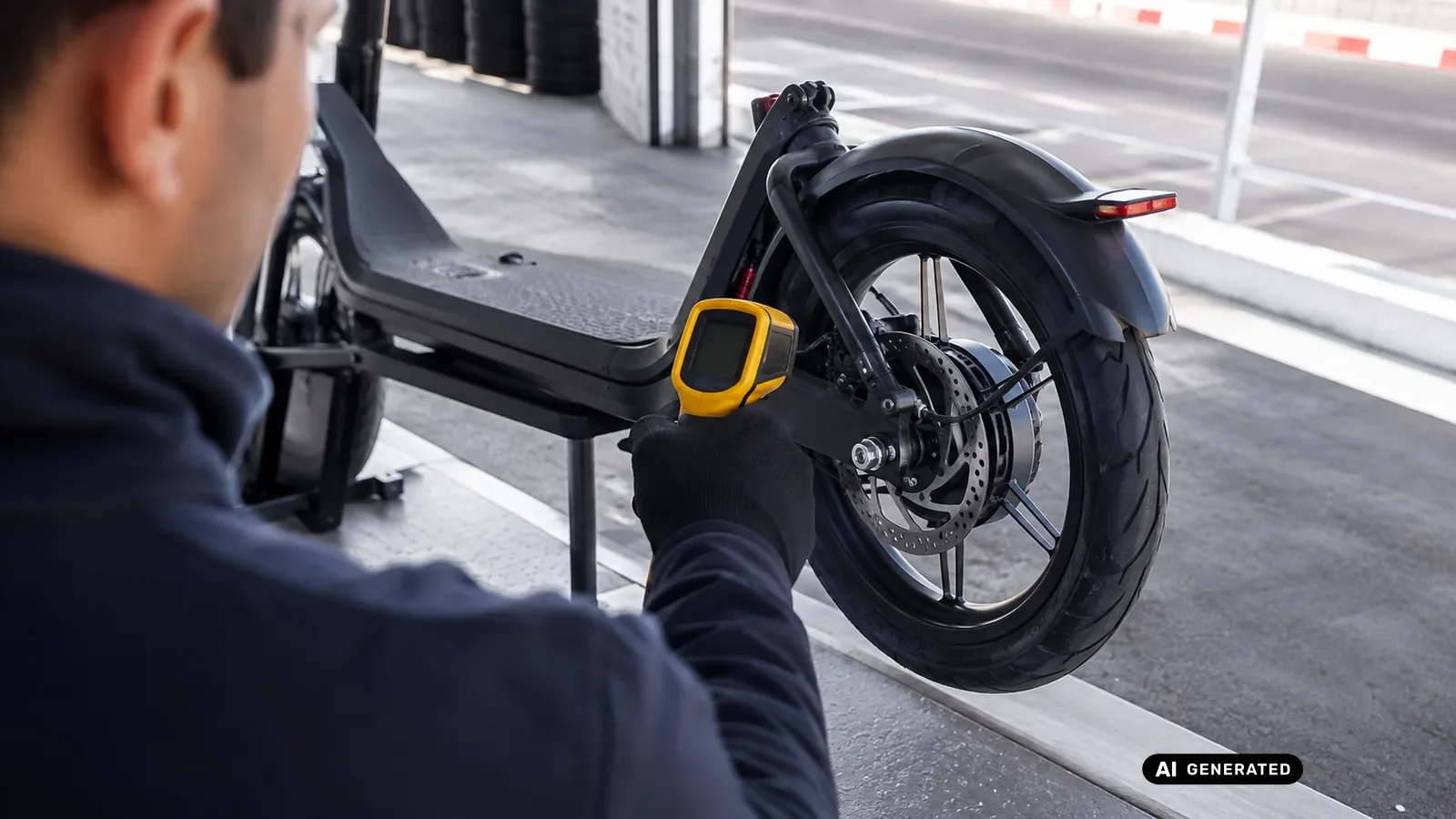 Prüfer dokumentiert Hinterrad und Bremse eines E-Scooters nach einer Testfahrt — KI-generierte Szene, redaktionell geprüft