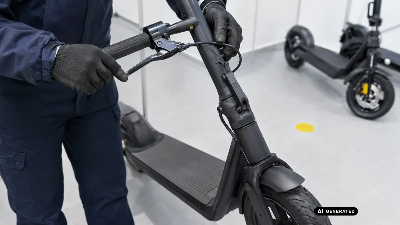 Prüfer kontrolliert einen ungebrandeten E-Scooter vor einer Testfahrt — KI-generierte Szene, redaktionell geprüft