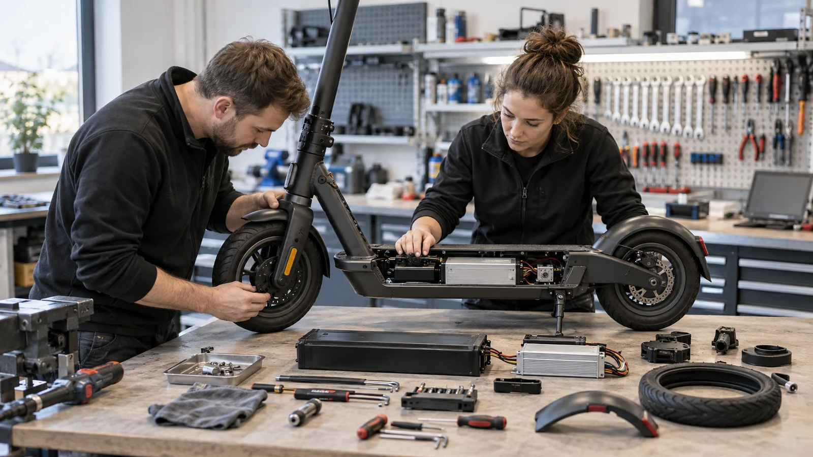 Zwei Techniker arbeiten an einem geöffneten E-Scooter-Deck, daneben Akku und Controller. KI-generierte Szene · redaktionell geprüft.
