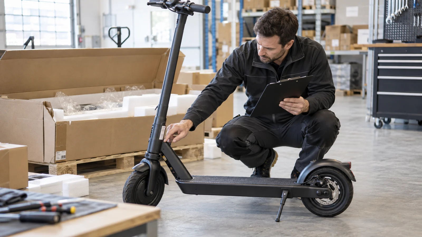Prüfer mit Klemmbrett hockt neben einem E-Scooter und zeigt auf das Typenschild am Lenker. KI-generierte Szene · redaktionell geprüft.