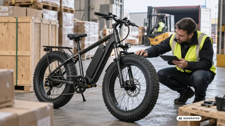 Import-E-Fatbike beim Auspacken und Prüfen. KI-generiertes Symbolbild · redaktionell geprüft.