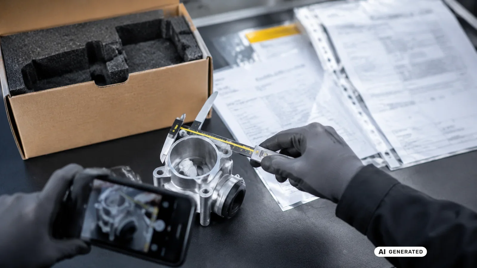 KI-generiertes Symbolbild, redaktionell geprüft: Ein Aluminiumbauteil wird neben Versandkarton und Unterlagen mit dem Messschieber vermessen und fotografiert — KI-generierte Szene, redaktionell geprüft