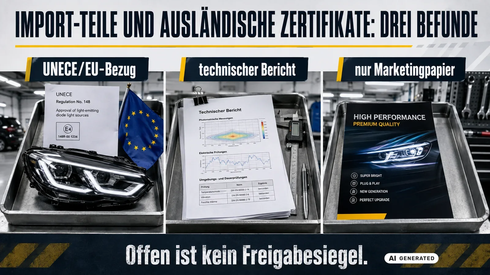 Drei Papierarten zum Importteil: Unterlage mit UNECE- und EU-Bezug, technischer Bericht und Marketingpapier. — KI-generierte Szene, redaktionell geprüft
