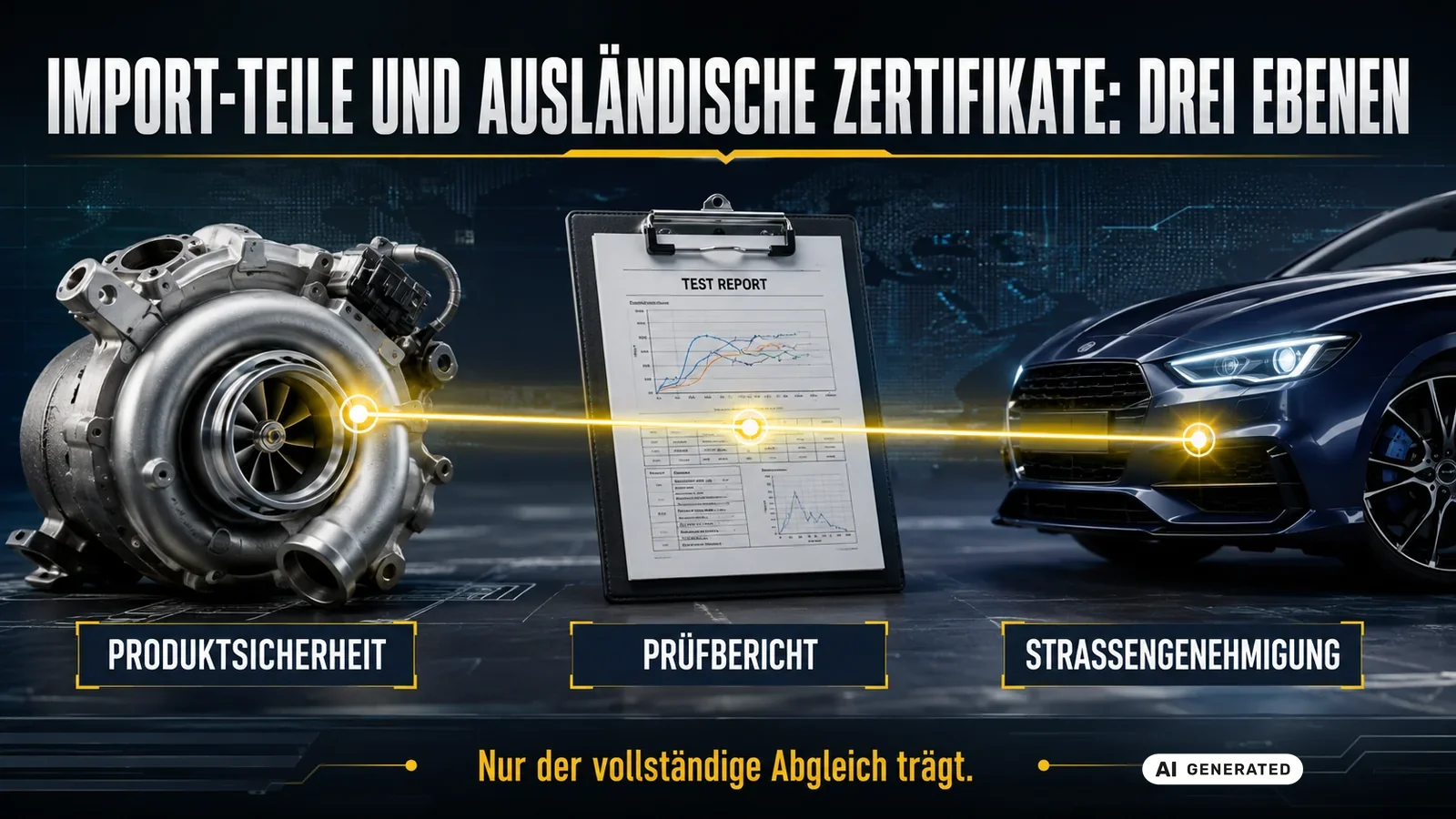 Import-Teile und ausländische Zertifikate in drei Ebenen: Produktsicherheit, Prüfbericht, Straßengenehmigung. — KI-generierte Szene, redaktionell geprüft
