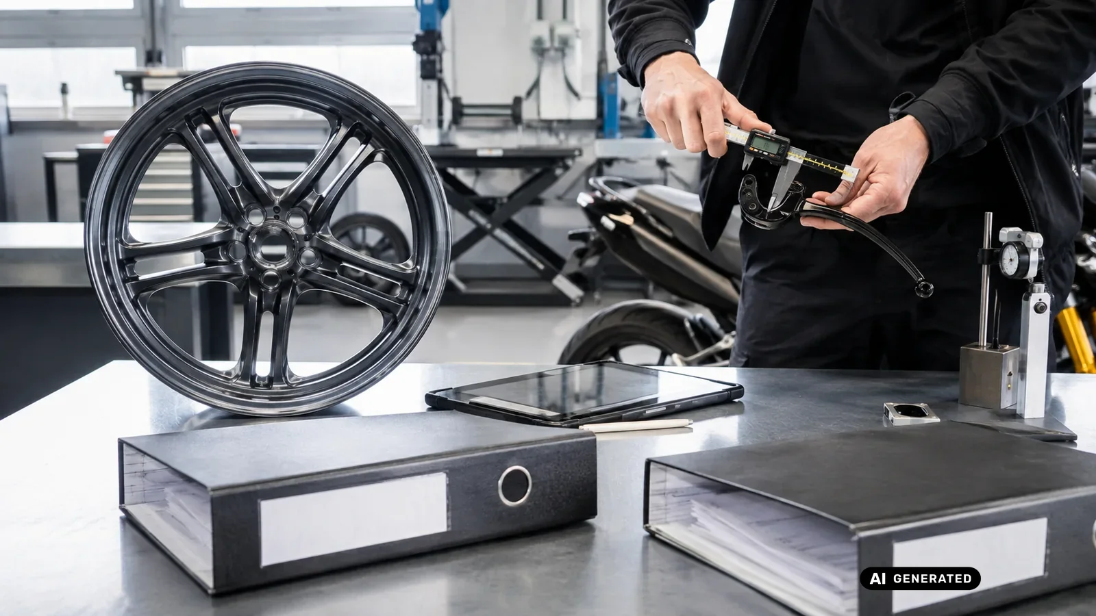 KI-generiertes Symbolbild, redaktionell geprüft: Hände messen an einem Prüftisch mit Leichtmetallrad und Aktenordner ein Bauteil mit dem Messschieber — KI-generierte Szene, redaktionell geprüft