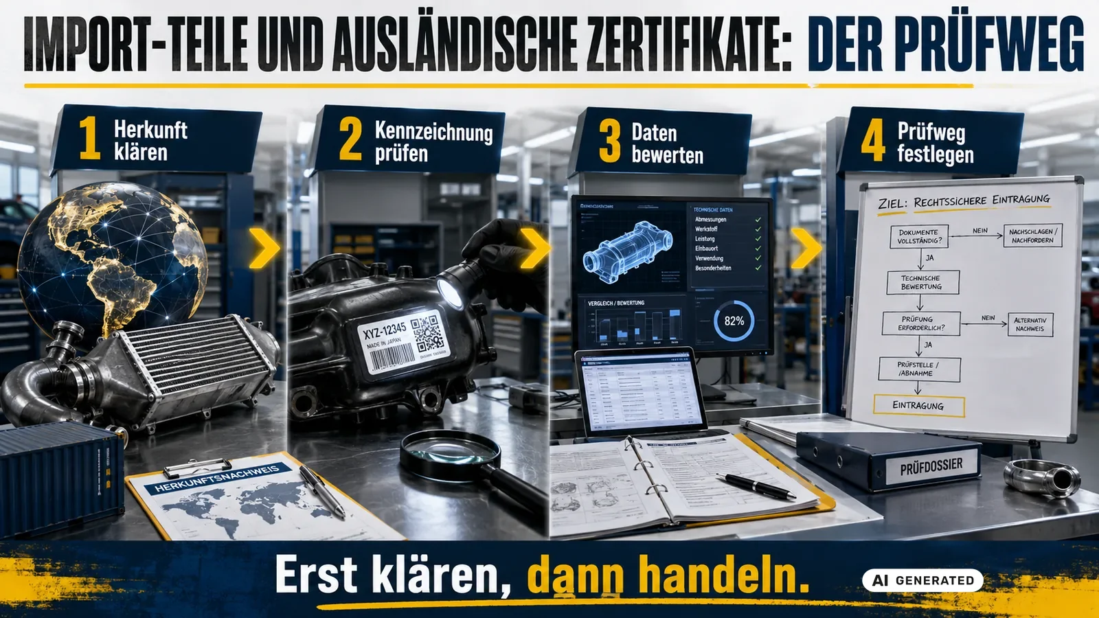 Vier Schritte beim Importteil: Herkunft klären, Kennzeichnung prüfen, Daten bewerten und Prüfweg festlegen. — KI-generierte Szene, redaktionell geprüft