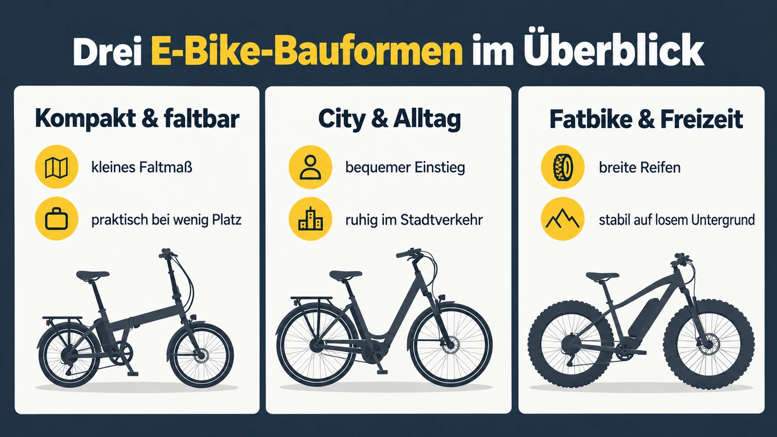 Kompakte Falträder, City-E-Bikes und Fatbikes als drei unterschiedliche Bauformen im Vergleich.