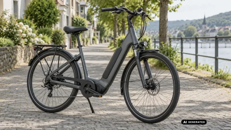 City-E-Bike mit tiefem Einstieg und Rahmenakku, abgestellt an einer ruhigen Uferstraße. KI-generiertes Symbolbild · redaktionell geprüft.