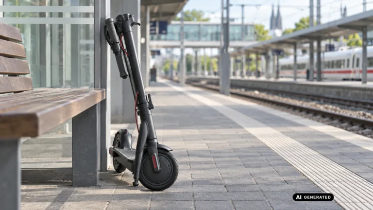 Zusammengeklappter E-Scooter aufrecht an einem Bahnsteig im Tageslicht. KI-generiertes Symbolbild · redaktionell geprüft.