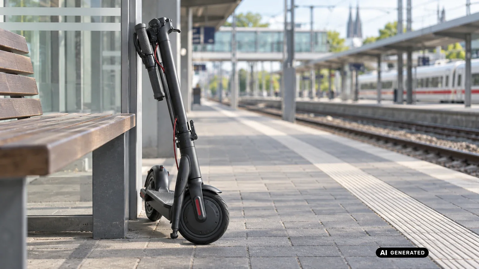 Zusammengeklappter E-Scooter aufrecht an einem Bahnsteig im Tageslicht. KI-generiertes Symbolbild · redaktionell geprüft.