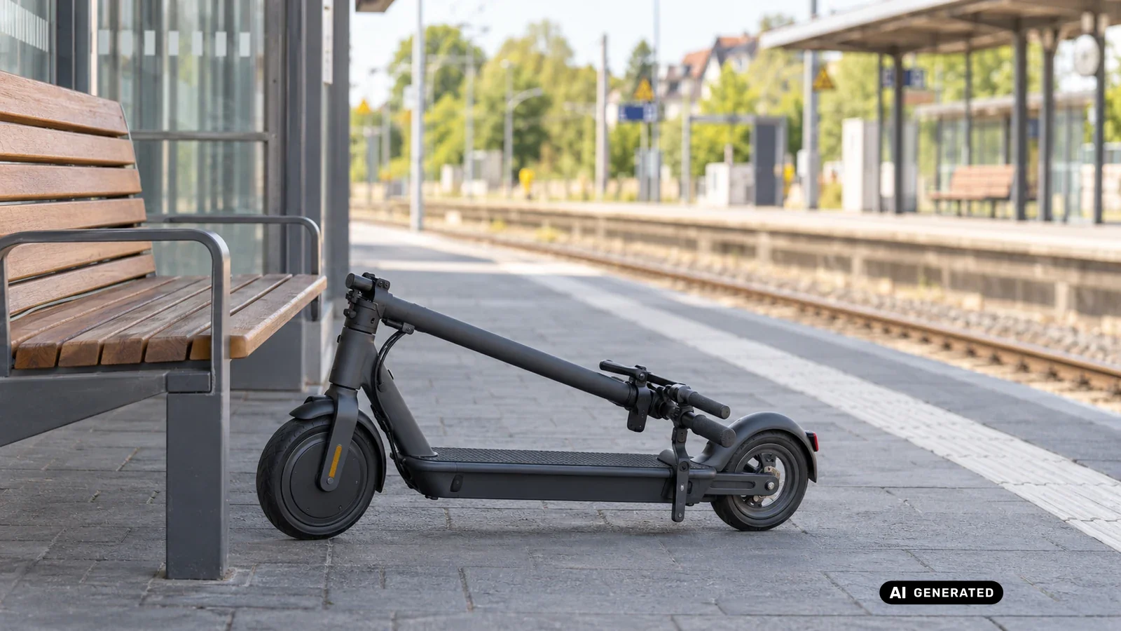 Zusammengeklappter E-Scooter neben einer Bank am Bahnsteig, Griffe und Trittbrett liegen flach. KI-generiertes Symbolbild · redaktionell geprüft.