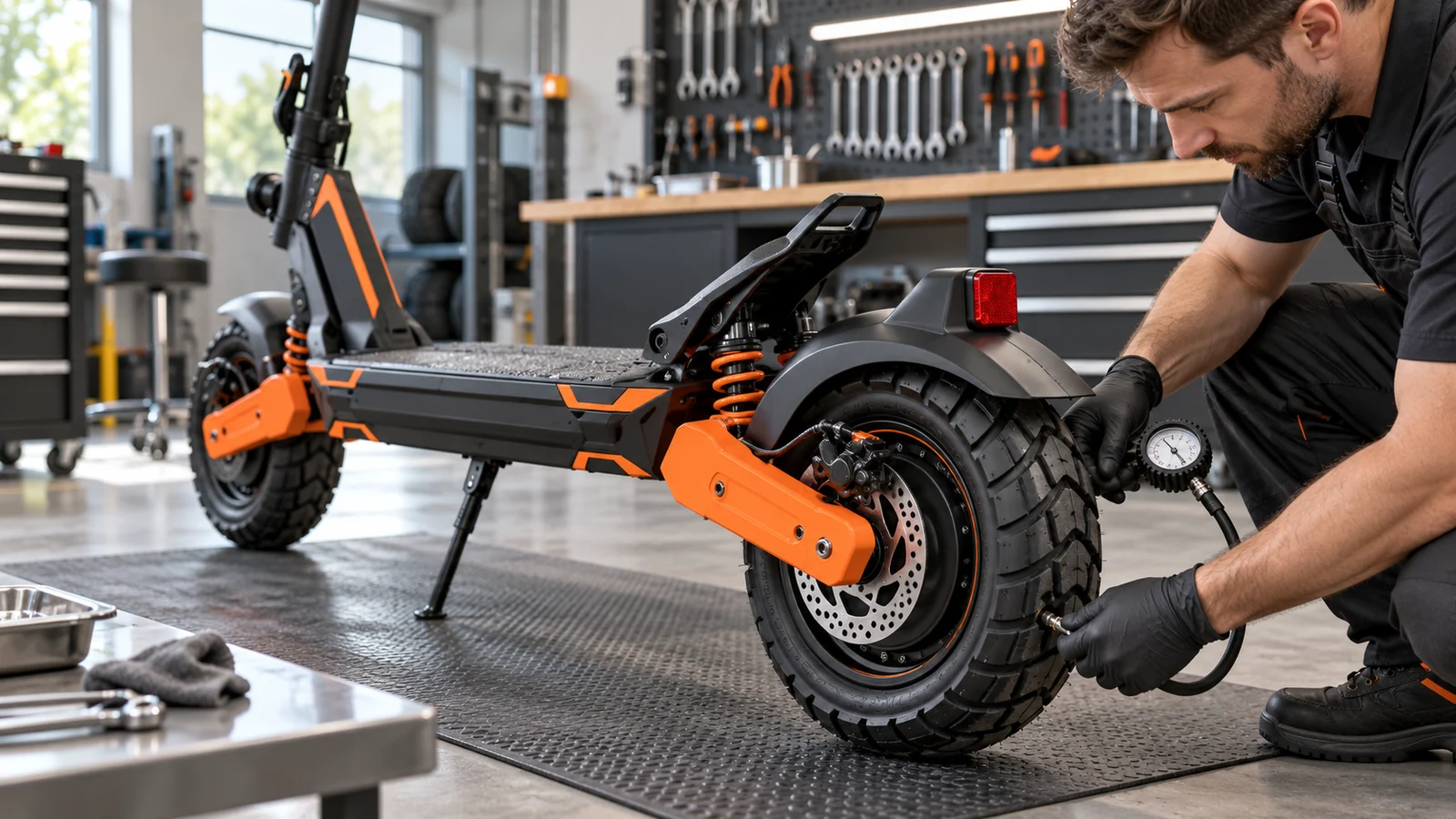Mechaniker prüft mit einem Manometer den Luftdruck am Hinterrad eines E-Scooters. KI-generierte Szene · redaktionell geprüft.