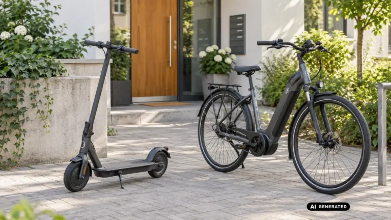 Stehender E-Scooter und City-E-Bike nebeneinander an einem hellen Hauseingang. KI-generiertes Symbolbild · redaktionell geprüft.