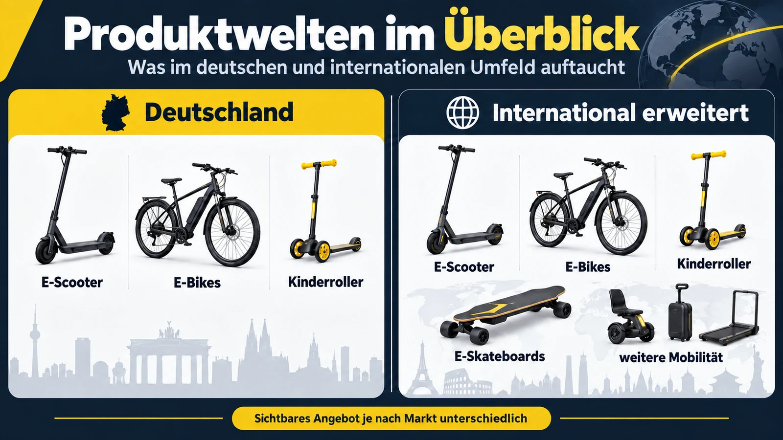 Produktwelten nach Markt: in Deutschland E-Scooter, E-Bikes und Kinderroller, international zusätzlich E-Skateboards und weitere Mobilitätsprodukte.