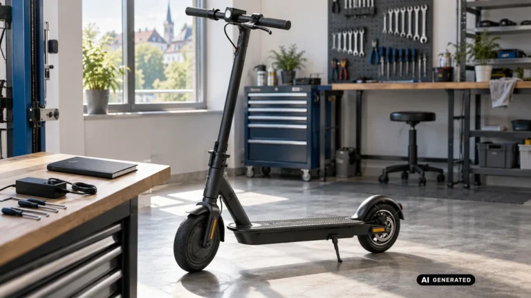 E-Scooter auf einem hellen Werkstattboden, dahinter Werkbank mit Werkzeugwand und Unterlagen. KI-generiertes Symbolbild · redaktionell geprüft.
