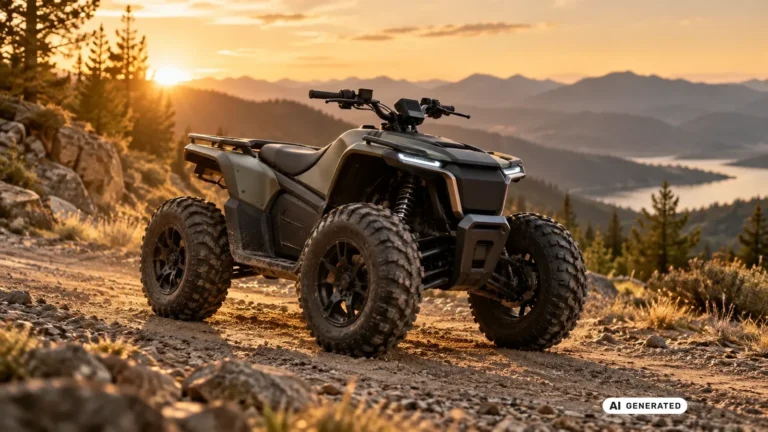 Symbolbild eines leistungsstarken elektrischen ATV auf einem Bergweg. KI-generiertes Symbolbild · redaktionell geprüft.