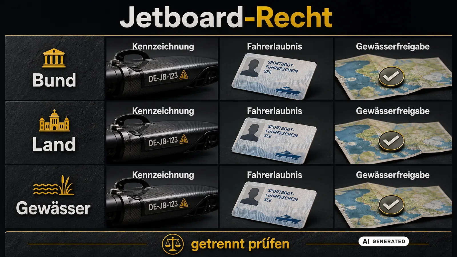 Grafik Rechtsrahmen Jetboard als Wassermotorrad Bund Land Gewaesser. KI-generiertes Symbolbild · redaktionell geprüft.