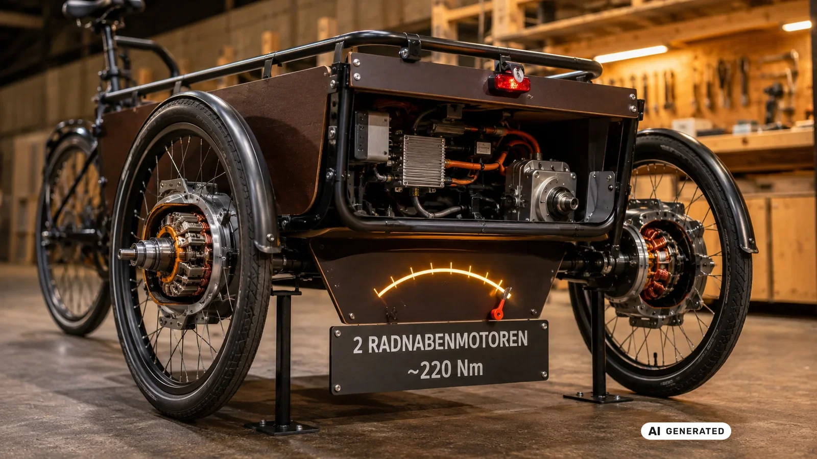 Zwei hintere Radnabenmotoren des K-Ryole mit zusammen rund 220 Nm. KI-generiertes Symbolbild · redaktionell geprüft.