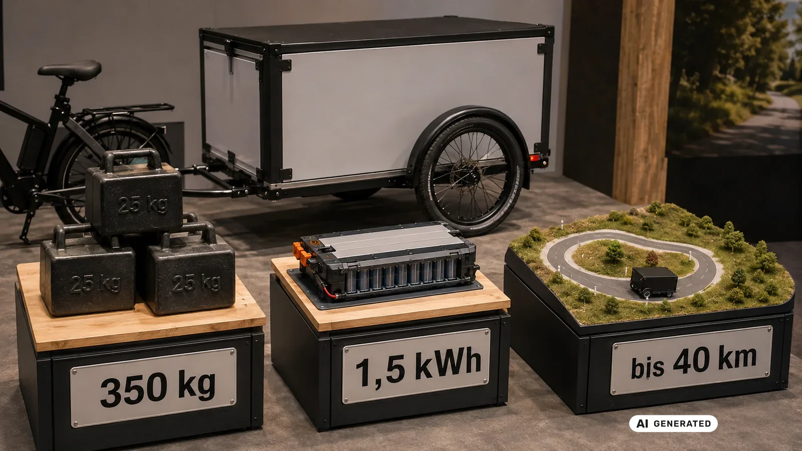 K-Ryole Technikdaten: 350 kg Nutzlast, 1,5 kWh Akku, bis 40 km Reichweite. KI-generiertes Symbolbild · redaktionell geprüft.