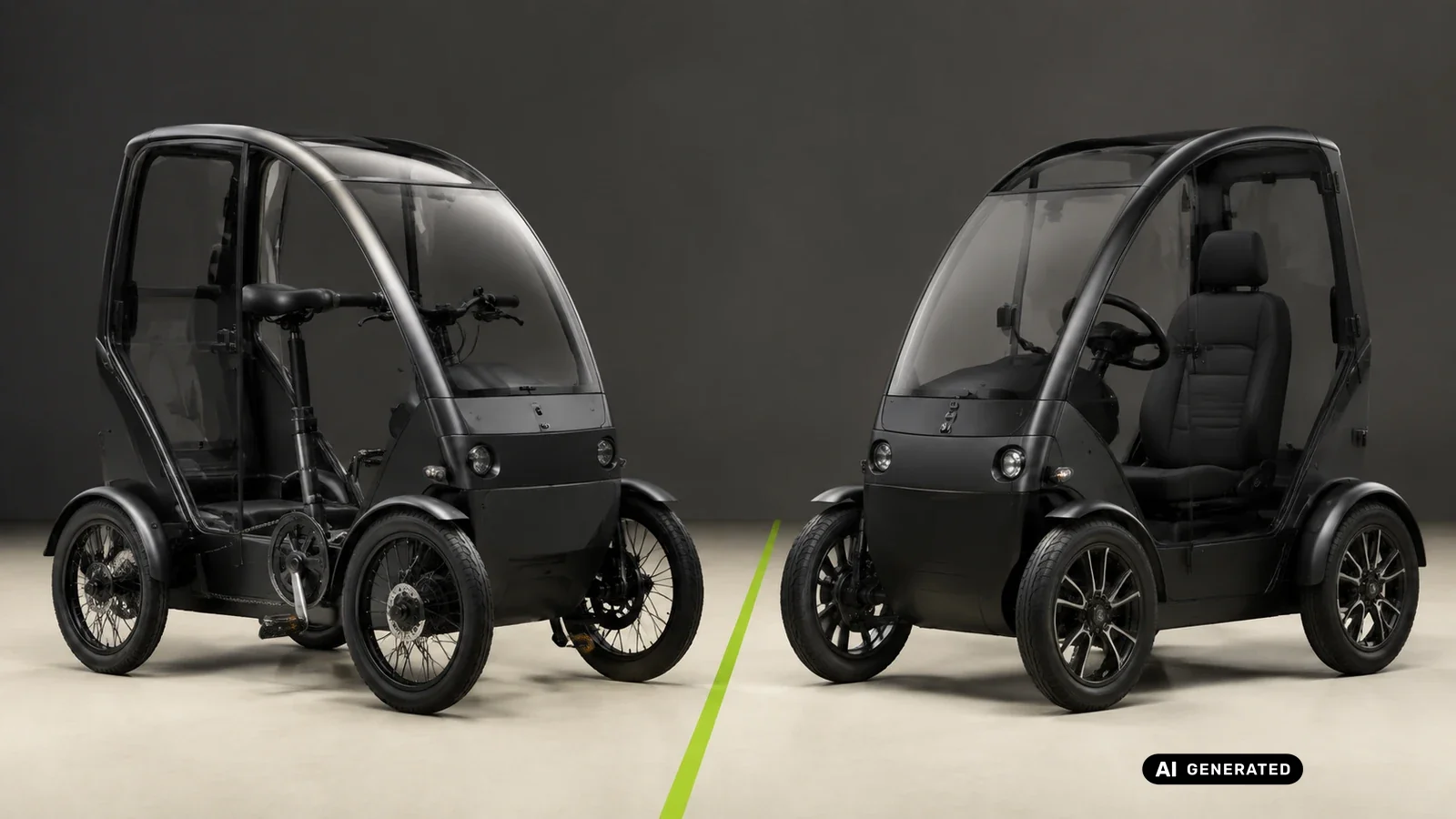 Kabinen-Pedelec mit Pedalen gegenüber motorisiertem Kabinenroller. KI-generiertes Symbolbild · redaktionell geprüft.