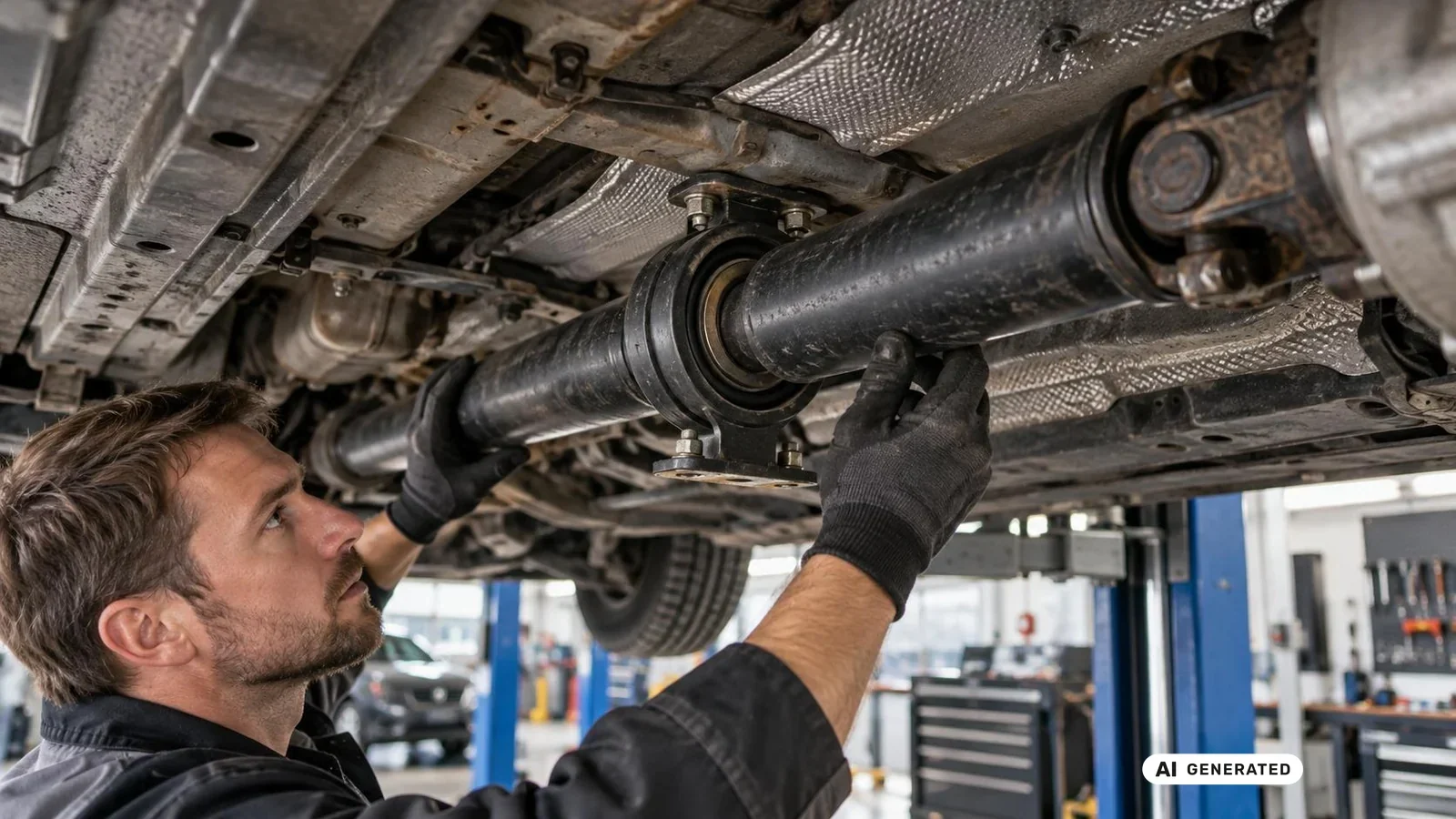 Mechaniker untersucht das Mittellager einer Kardanwelle am angehobenen Fahrzeug. KI-generiertes Symbolbild · redaktionell geprüft.