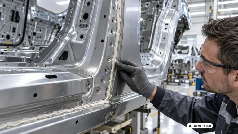 Mechaniker trägt Strukturkleber auf eine Aluminium-Karosseriefügestelle auf. KI-generiertes Symbolbild · redaktionell geprüft.