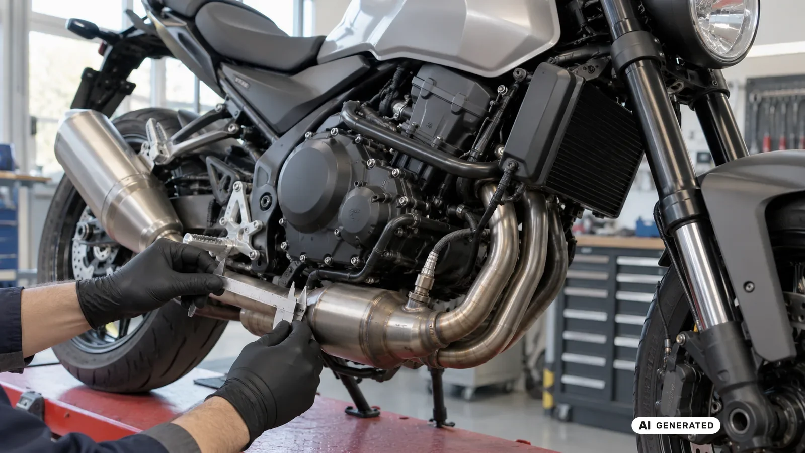 Technische Detailprüfung zum Thema Auspuff, Kat und Lambdasonden an einer neutralen Fahrzeugdarstellung für Kawasaki Z650 2020–2025. — KI-generierte Szene, redaktionell geprüft