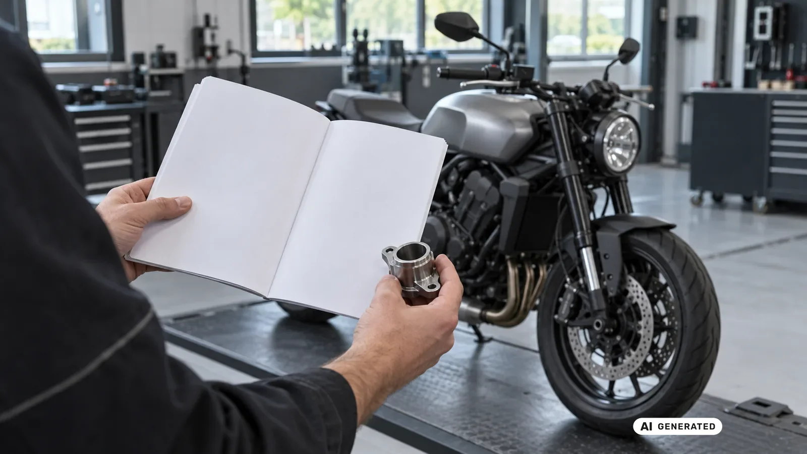 Dokumenten- und Bauteilabgleich für den Beitrag Kawasaki Z650 2020–2025; Schrift und persönliche Daten sind nicht lesbar. — KI-generierte Szene, redaktionell geprüft