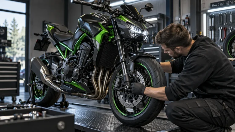 Kawasaki Z900 2020–2024 legal tunen: Mechaniker begutachtet Anbauteile an dem Motorrad in der Werkstatt. KI-generiertes Symbolbild · redaktionell geprüft.
