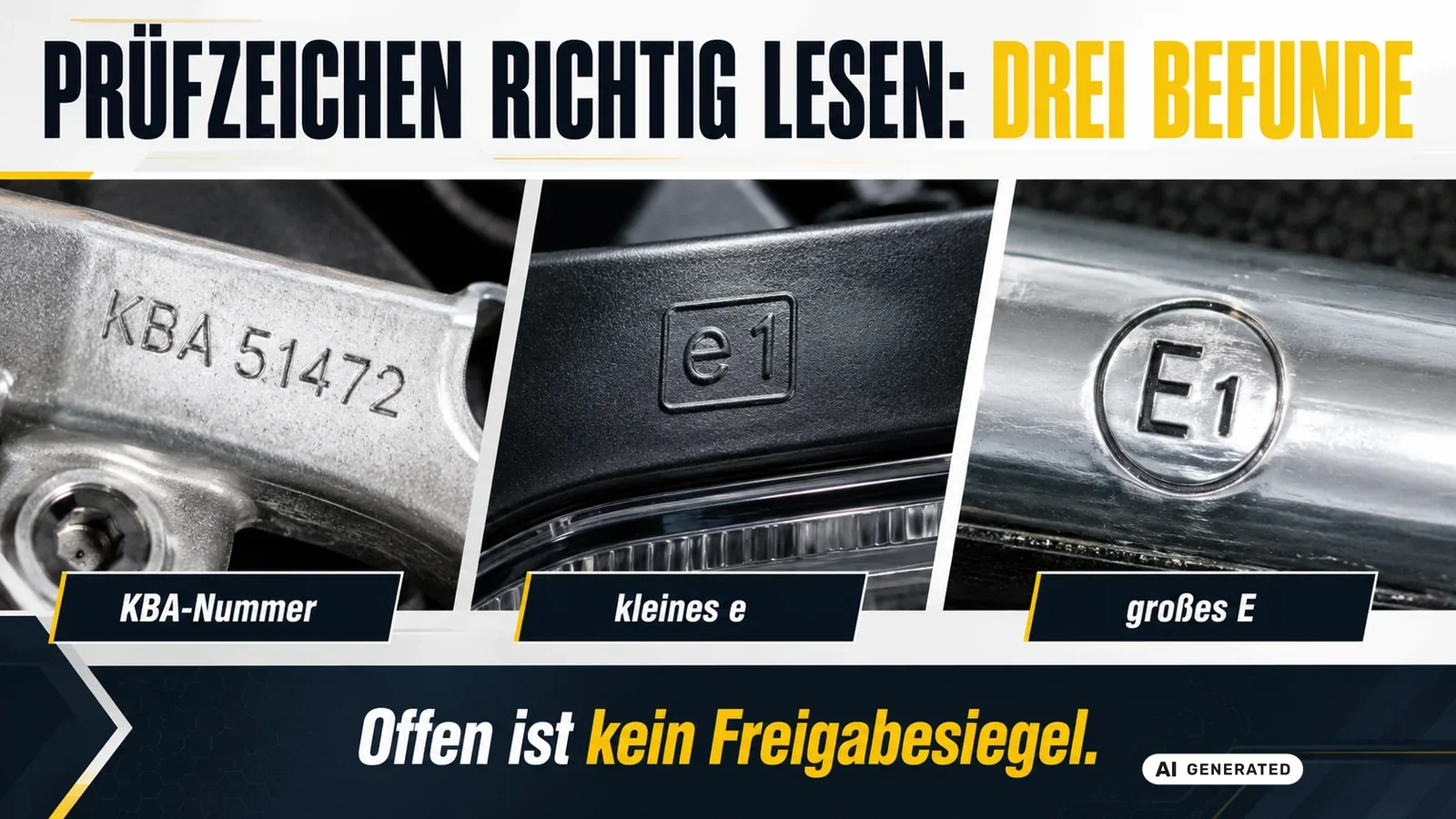 Drei Kennzeichnungen in Nahaufnahme: KBA-Nummer, kleines e im Rechteck und großes E im Kreis. — KI-generierte Szene, redaktionell geprüft