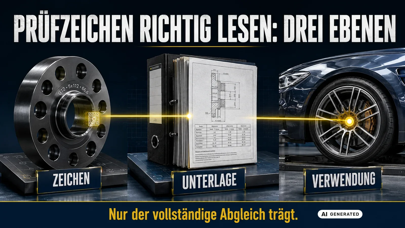 Prüfzeichen lesen in drei Ebenen: Zeichen am Bauteil, zugehörige Unterlage und Verwendung am Fahrzeug. — KI-generierte Szene, redaktionell geprüft