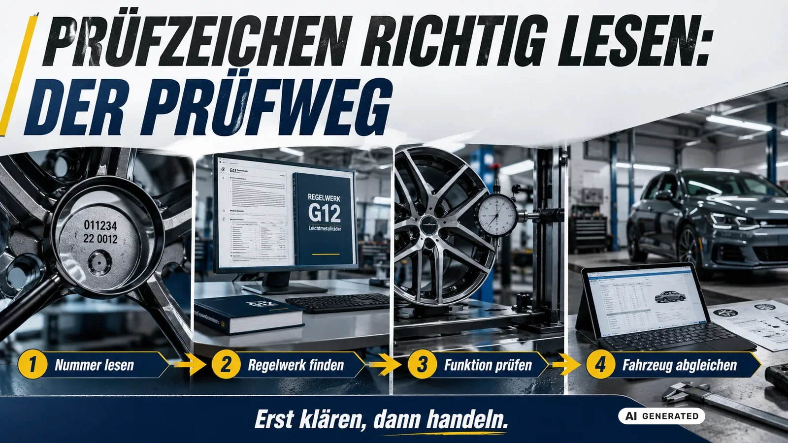 Vier Schritte am Prüfzeichen: Nummer lesen, Regelwerk finden, Funktion prüfen und Fahrzeug abgleichen. — KI-generierte Szene, redaktionell geprüft