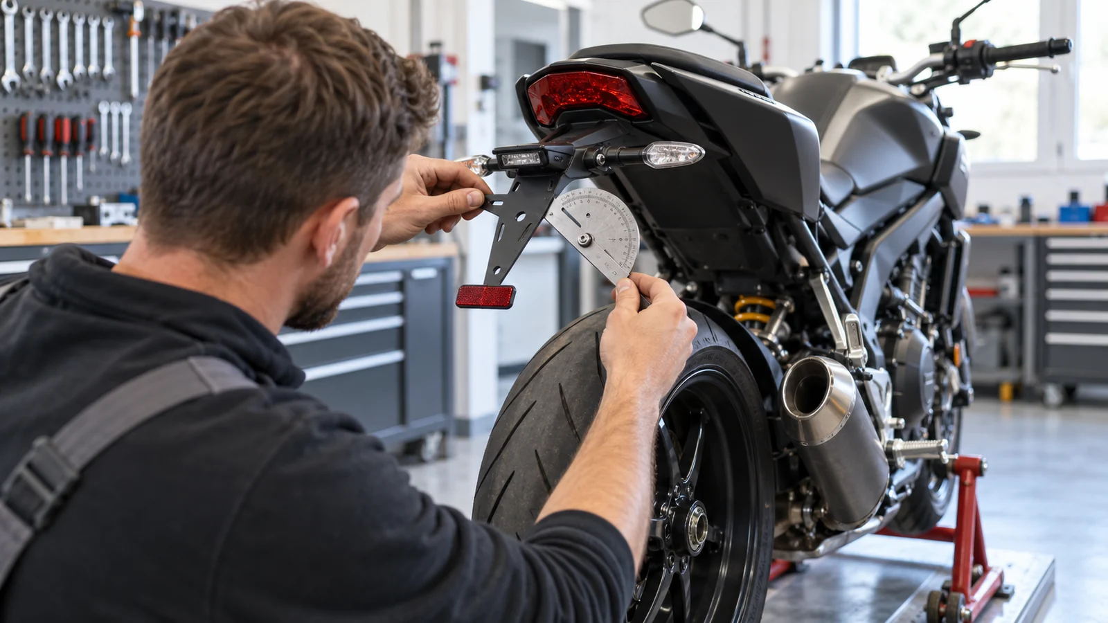 Mechaniker hält eine Winkelschablone an den Kennzeichenhalter am Motorradheck. KI-generierte Szene · redaktionell geprüft.