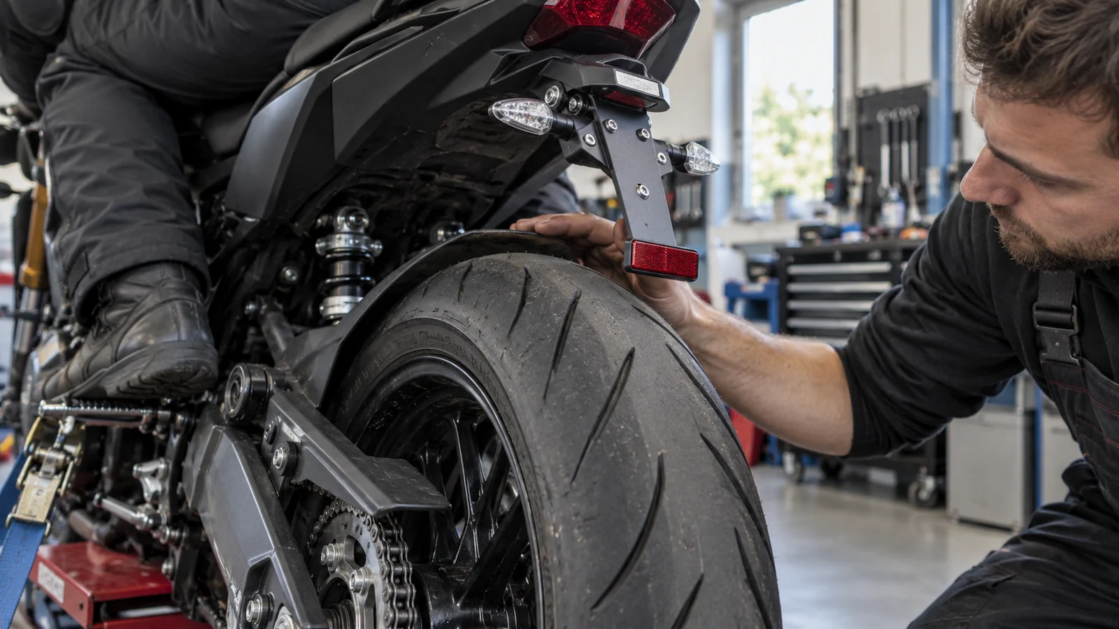 Techniker prüft am belasteten Motorrad den Reifenfreigang am Kennzeichenhalter. KI-generierte Szene · redaktionell geprüft.