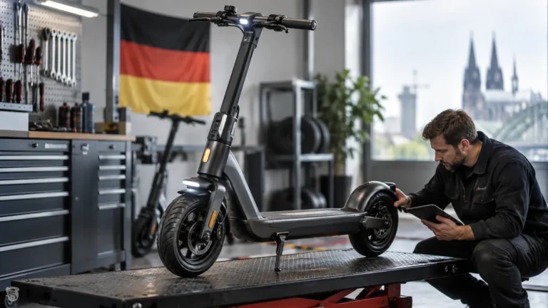 KEPOW E-Scooter Deutschland: Servicetechniker prüft das Fahrzeug auf einer Werkbank in der Werkstatt. KI-generiertes Symbolbild · redaktionell geprüft.
