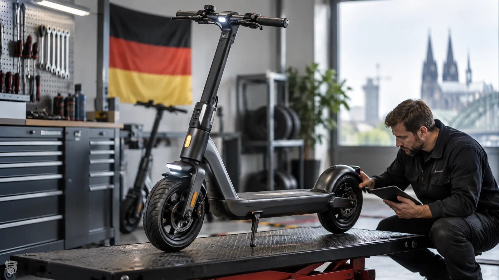 KEPOW E-Scooter Deutschland: Servicetechniker prüft das Fahrzeug auf einer Werkbank in der Werkstatt. KI-generiertes Symbolbild · redaktionell geprüft.