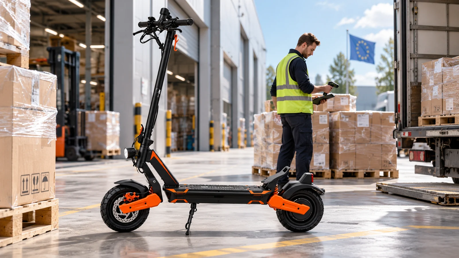 Lagerarbeiter in Warnweste scannt an der Laderampe, davor ein schwarz-oranger E-Scooter. KI-generierte Szene · redaktionell geprüft.