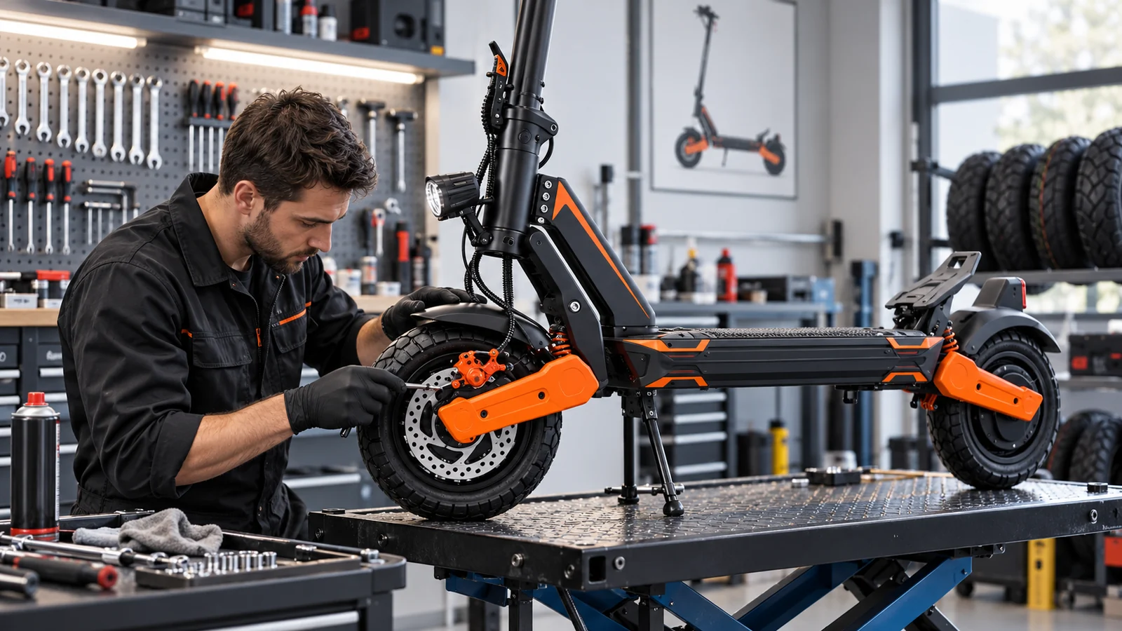Techniker schraubt an der Vorderradbremse eines E-Scooters auf dem Hebetisch. KI-generierte Szene · redaktionell geprüft.