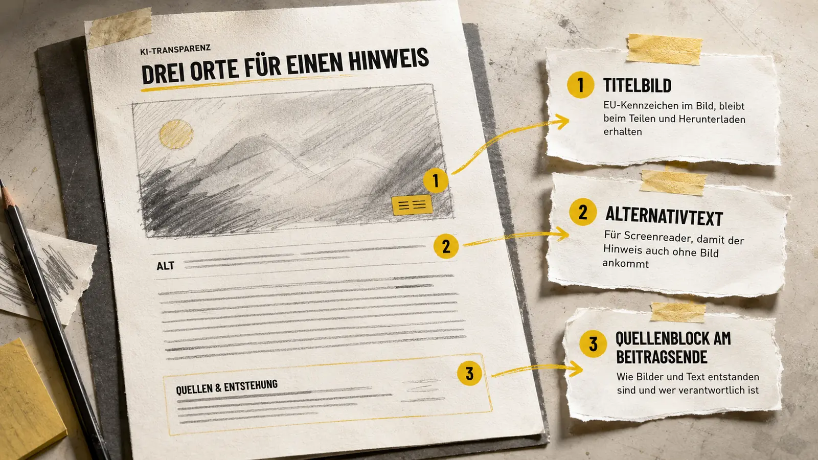 Schema eines Beitrags mit drei markierten Kennzeichnungsorten: im Titelbild, im Alternativtext und im Quellenblock am Beitragsende