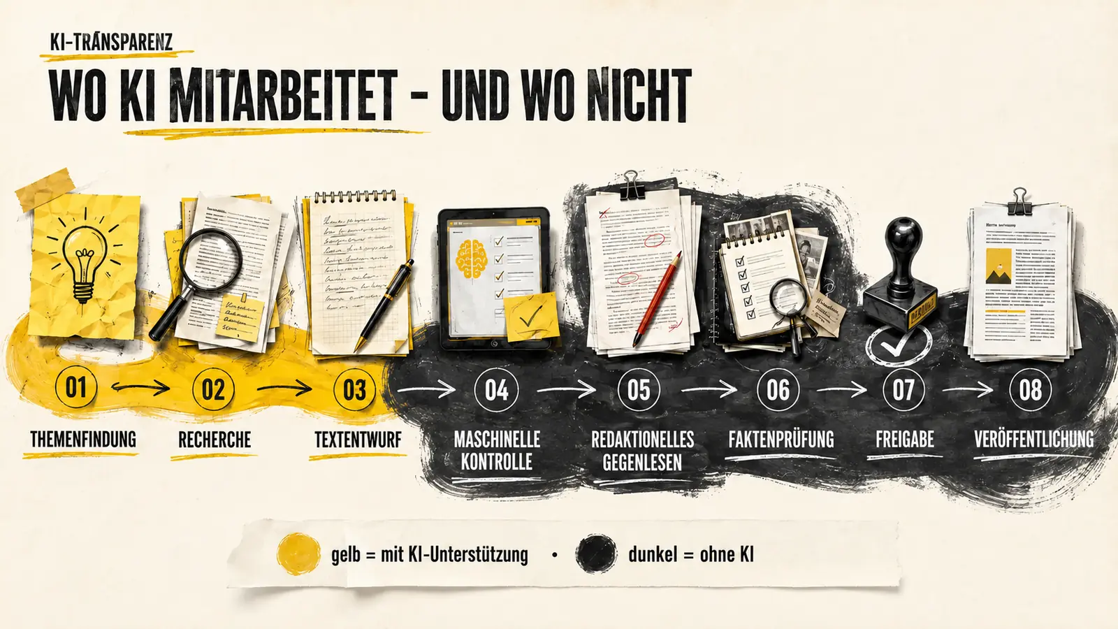 Ablaufgrafik: acht Arbeitsschritte von der Themenfindung bis zur Veröffentlichung, farblich getrennt nach KI-Unterstützung und Arbeit ohne KI