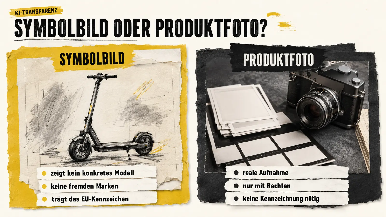 Vergleich zweier Bildarten: Symbolbild ohne konkretes Modell mit KI-Kennzeichen gegenüber einem realen Produktfoto