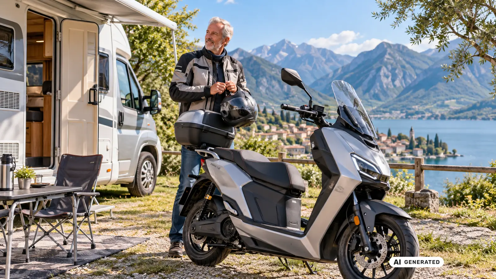 Mann in Motorradjacke mit Helm neben einem groesseren Elektroroller vor einem Wohnmobil am See. KI-generiertes Symbolbild · redaktionell geprüft.