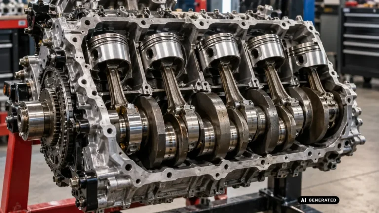 Aufgeschnittener Motorblock mit Kolben, Pleueln und Kurbelwelle. KI-generiertes Symbolbild · redaktionell geprüft.