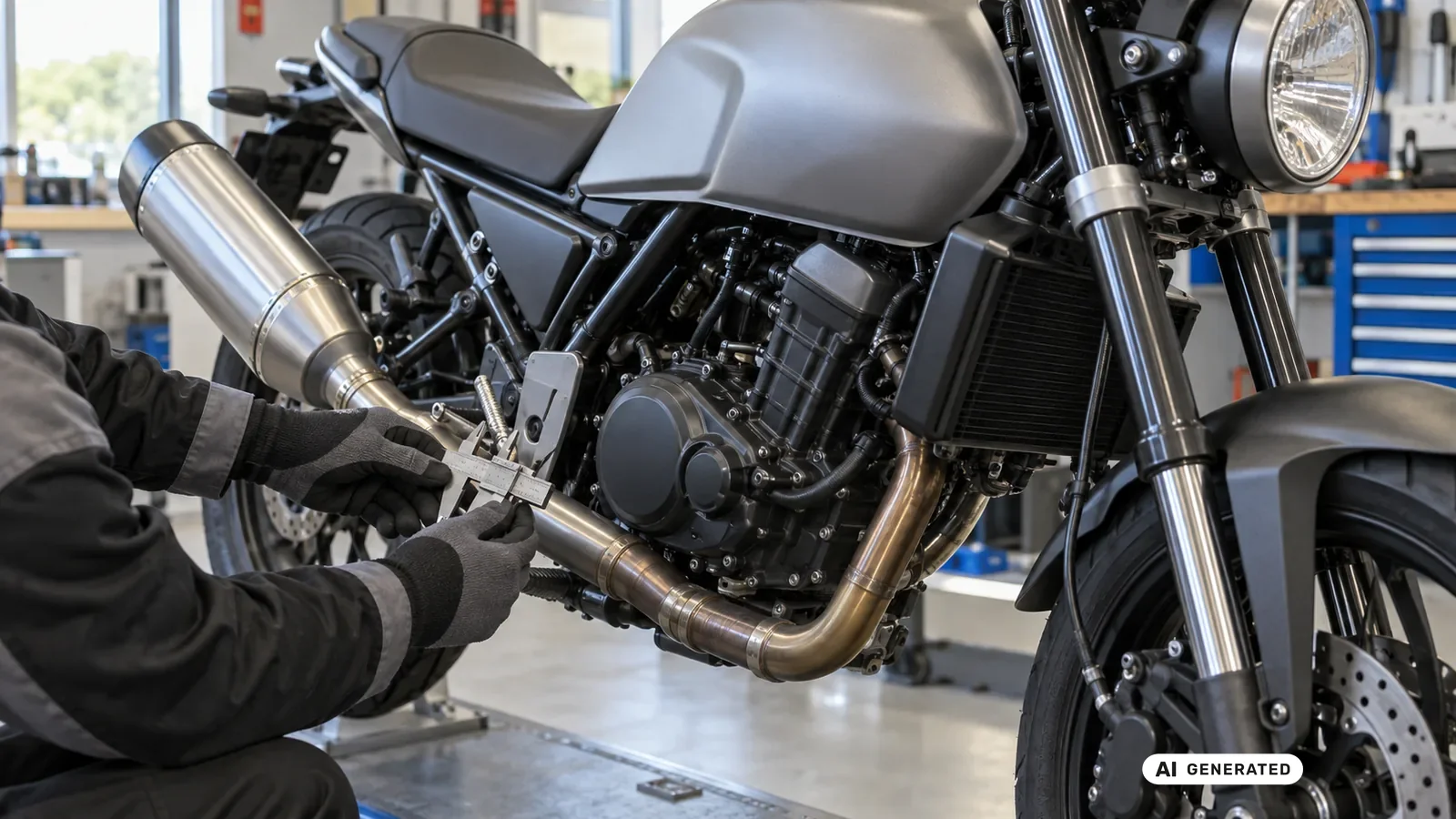 Technische Detailprüfung zum Thema Auspuff und Euro-Stand an einer neutralen Fahrzeugdarstellung für KTM 125 Duke 2017–2023. — KI-generierte Szene, redaktionell geprüft