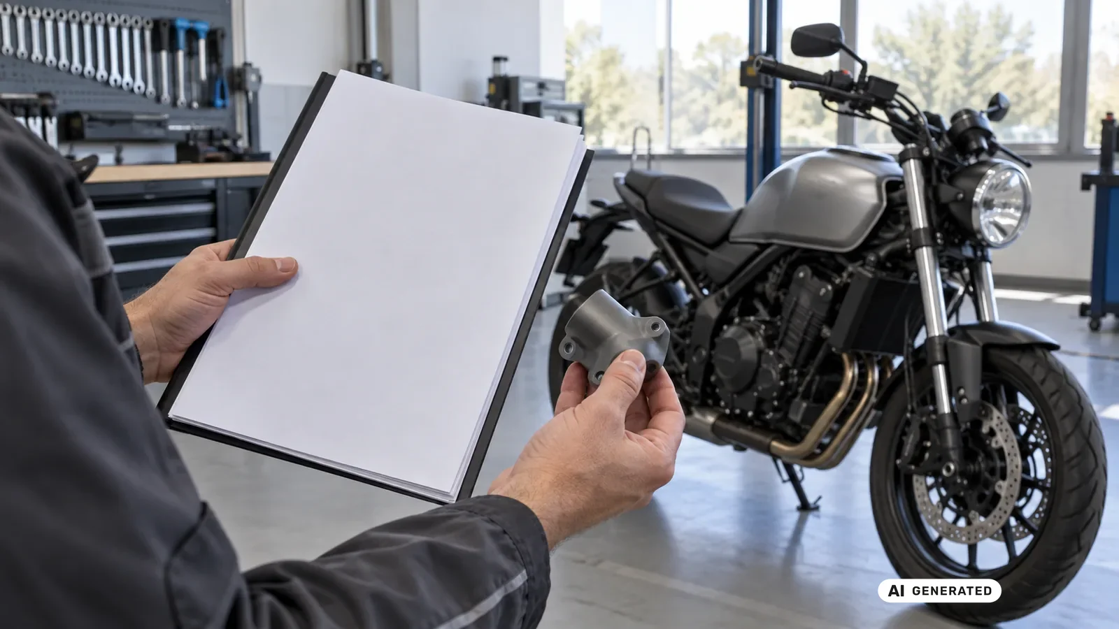 Dokumenten- und Bauteilabgleich für den Beitrag KTM 125 Duke 2017–2023; Schrift und persönliche Daten sind nicht lesbar. — KI-generierte Szene, redaktionell geprüft