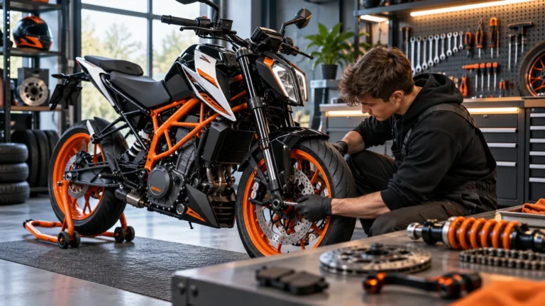 KTM 125 Duke 2017–2023 legal tunen: Mechaniker begutachtet Anbauteile an dem Motorrad in der Werkstatt. KI-generiertes Symbolbild · redaktionell geprüft.
