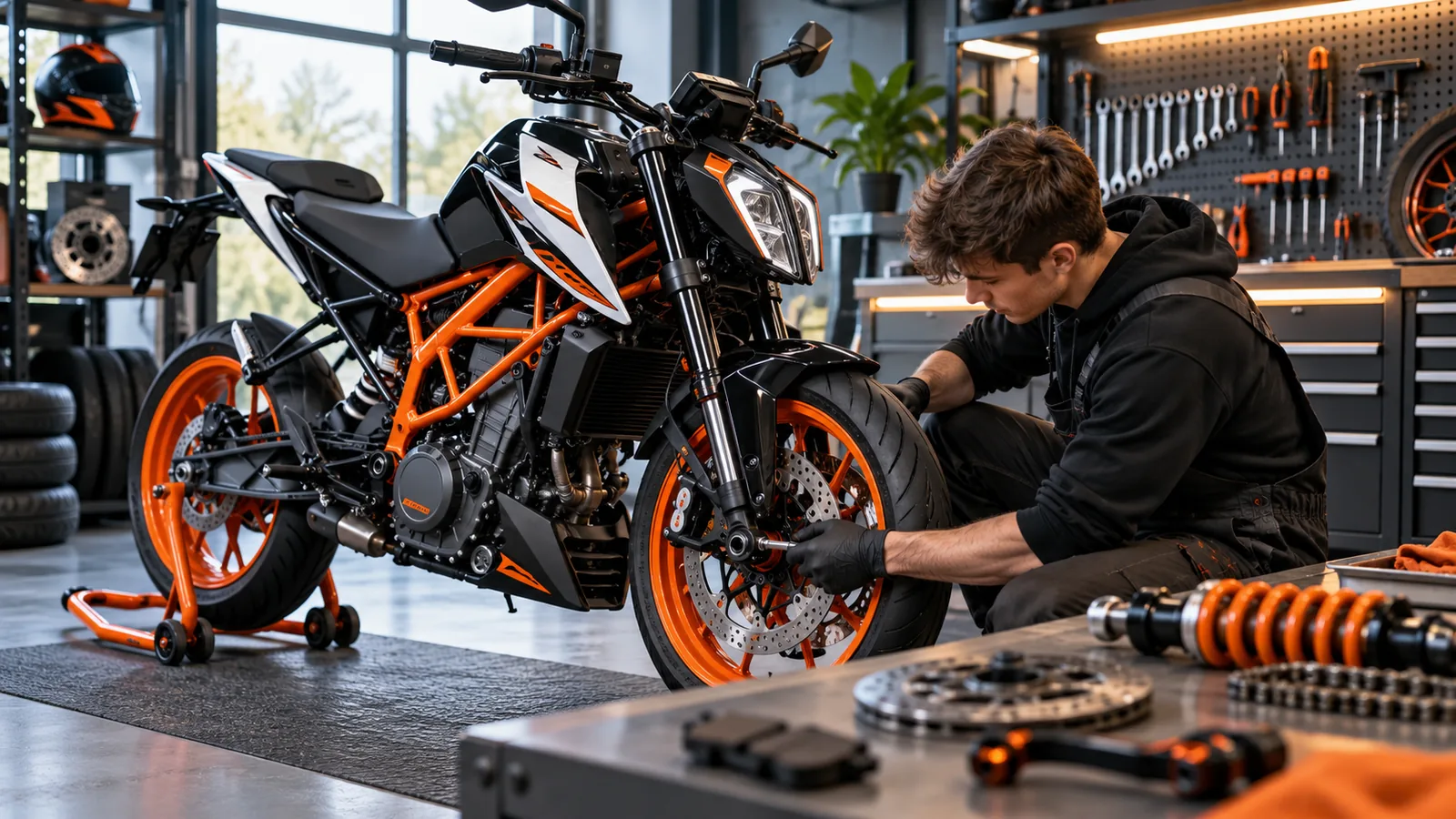 KTM 125 Duke 2017–2023 legal tunen: Mechaniker begutachtet Anbauteile an dem Motorrad in der Werkstatt. KI-generiertes Symbolbild · redaktionell geprüft.